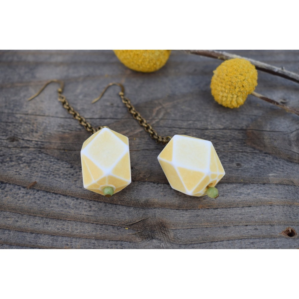 yellow geometric dangle earrings with long brass chain, vintage upcycled